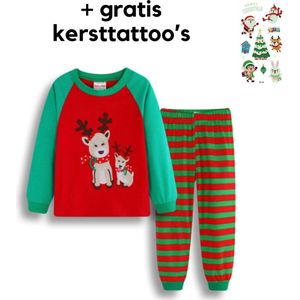 EazyPeezy Pyjama Kinderen - Kerstmotief - Rendieren - Rood Groen gestreepte broek - 2 Jaar