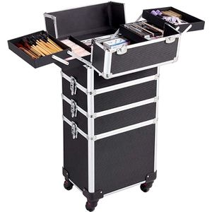 Aluminium cosmeticakoffer, kapperskoffer, cosmetica, trolley, multikoffer, beauty case, 4-in-1 zwarte make-upkoffer