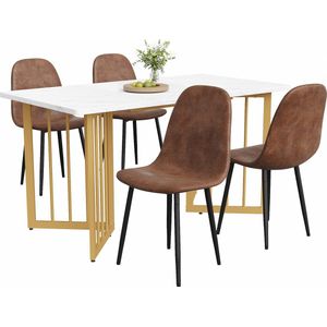 Merax Eetkamerset (5-delig) – Eettafel met 4 Stoelen - Scandinavisch Design - Kunstleer - Metalen Poten - Goudkleurige V-vormige Tafelpoot - Bruin Kunstleer - MDF Tafelblad