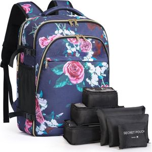 Grote rugzak, handbagage voor dames, 15,6 inch laptop, rugzak, reisrugzak, wandelrugzak met 6-delige kledingzakken voor vakantie, zakelijk, werk, reizen, blauwe bloemen