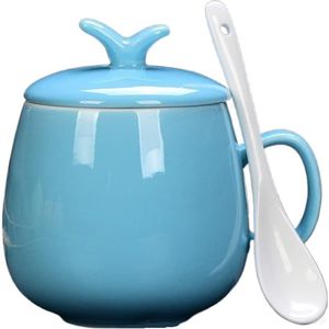 Keramische mok, koffiekop, mok, keramische kop met deksel, theekop met deksel, koffiekop met deksel en lepel, 1 stuk (blauw + deksel + lepel)