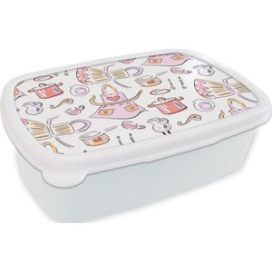 Broodtrommel Wit - Lunchbox - Brooddoos - Patronen - Keuken - Schort - Koken - Pastel - 18x12x6 cm - Volwassenen