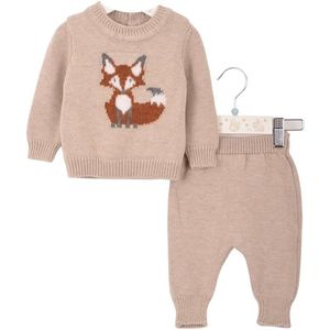Minora Newborn Baby Kleding Set - Jongens en Meisjes - Winterbroek en trui- Kraamcadeau - Babyshower-Newborn tweedelige gestreepte set met vos -Beige-1/3 Maanden- Sinterklaas
