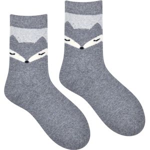 Wol Dames Sokken - Huissokken - Wandelsokken - grijs - leuke print vos - 36 - 40 - warm - cadeau voor haar - gift