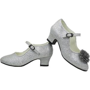 zilver glitter schoenen met hakken met bloemclips (maat 40 - 25cm)