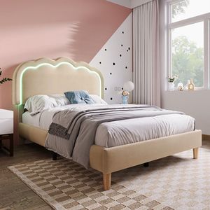Sweiko gestoffeerd bed LED eenpersoonsbed 90 x 190 cm, bedombouw met lattenbodem en verstelbaar hoofdeinde, gestoffeerd bed in beige, bedombouw jeugdbed voor slaapkamer logeerkamer linnenmateriaal