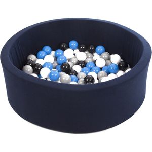 Ballenbad rond - navy - 90x30 cm - met 150 zwart, wit, blauw en grijze ballen