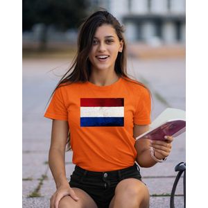 Dames T-shirt Slim fit Nederlandse vlag met magic sequence | koningsdag kleding | Oranje | maat XL