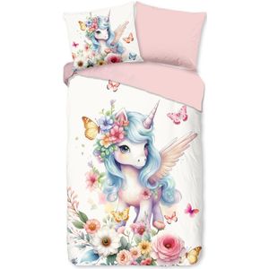 Kinderdekbedovertrek Eenhoorn, bloemen en vlinders - Dekbedovertrek Gaby – (Wit/Roze, Katoen, 140x220, Meisjes)