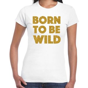 Bellatio Decorations Verkleed T-shirt dames - born to be wild - wit - glitter goud - fout/goud/stout L