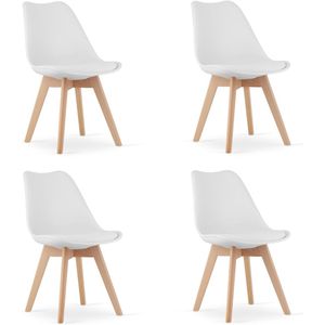 Set van 4 Stoelen MARK – Wit, Beukenhouten Poten, Kunststof Zitting met Kunstlederen Kussen, Strak Design, Ergonomisch, Geschikt voor Keuken, Eetkamer, Kantine en Werkruimte, Max. 120 kg