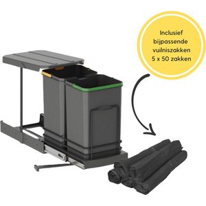 Emuca Afvalbak 2x12 Liter – Inbouw Prullenbak – Uittrekbare afvalemmer – Geschikt voor deurbreedte 28 cm, inbouwdiepte 46 cm & Kasthoogte 42 cm – Met 5 x 50 afvalzakken -Antraciet