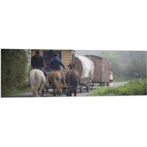 WallClassics - Vlag - Ouderwetse Caravan met Paard en Wagen - 120x40 cm Foto op Polyester Vlag
