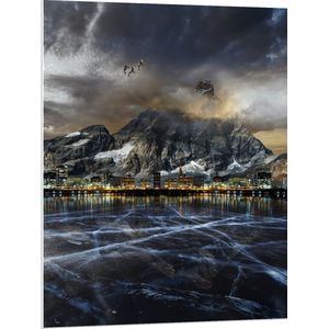 WallClassics - PVC Schuimplaat- Donkere Berg met Vogels aan Meer - 75x100 cm Foto op PVC Schuimplaat