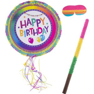 Funny Fashion Verjaardag Pinata Happy Birthday - 50 x 50 cm - papier - set met stok 54 cm en masker