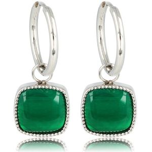 My Bendel - Oorbel zilverkleurig Green Agate 38mm - Zilverkleurige Oorring met Majestueuze Green Agate 38mm - Met luxe cadeauverpakking