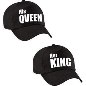 Her King en His Queen petten / caps zwart met witte letters voor volwassenen - Koningsdag - bruiloft - cadeaupetten / feestpetten voor koppels