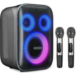 Bluetooth Speaker - Speakers - Partybox - Muziekbox - 120W - met 2 Microfoons - Gitaaringang en 3-Weg Geluidssysteem - Draagbare Speaker - Karaoke - met Lichtshow en Bedrade/Built-in Mic - Zwart
