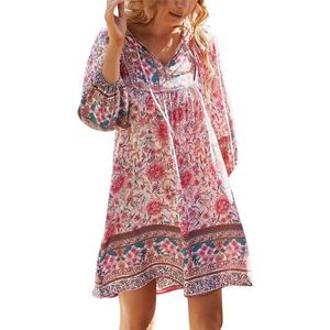 Boho Zomerjurk Roze M - Bloemenprint Tuniekjurk - Vintage Etnische Stijl - Strandjurk - Voor Dames - 1 stuk