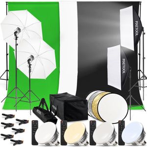 Pixetool Green screen 3 x 3M met Achtergrondsysteem 2,6 x 3M – Fotostudio Set – Greenscreen Set – Inclusief Wit en Zwart achtergronddoek, Softbox, Paraplu’s, Lamphouders, LED lampen, Reflectiescherm & Draagtas