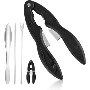 Allecto Plus - Multifunctionele 4-delige Krabkrakers Set voor Zeevruchten - Vork/Lepel/Pikhouweel - Krabbenpoot Walnoot Schelpen - Zwart.
