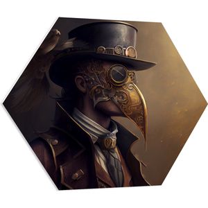 PVC Schuimplaat Hexagon - Zijaanzicht van Man met Zwarte Hoed en Goud Masker - 70x60.9 cm Foto op Hexagon (Met Ophangsysteem)