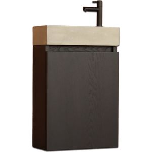 RJ Blackcon Toiletmeubel - Complete luxe fonteinmeubel set - Zwart eiken meubel met betonnen spoelbak en zwarte kraan.
