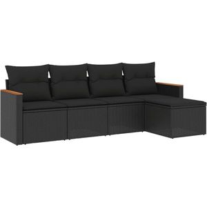 vidaXL - 5-delige - Loungeset - met - kussens - poly - rattan - zwart