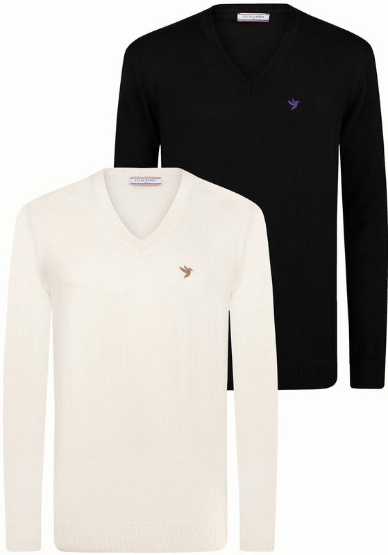 Felix Hardy Sweater Met V-Hals - 2 Pack Trui - 100% Katoen Heren Ecru-Zwart - 2Xl