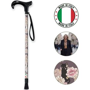 MQ Perfect Wandelstok Deluxe – Ergonomisch handvat, Verstelbaar 55 tot 94 cm, 240 gr – Roze bloemen met kat – Made in Italy | Ondersteuning tot 110 kg, voor elk terrein