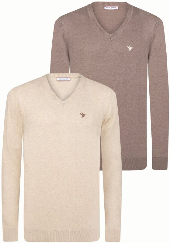 Felix Hardy - Classic V-Neck Knit Sweater - Beige-Bruin - 2 Pack - 100% Katoen Heren