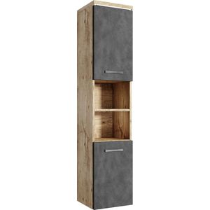 Badplaats Badkamerkast Paso 35 x 35 x 160 cm - Kastanje Eiken met Donker Grijs - Hangende Kolomkast met 2 Deuren