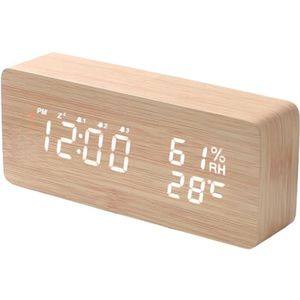 Digitale Wekker met 3 Alarmen, Sluimerfunctie, Datum en Temperatuur - Houten en Draadloos