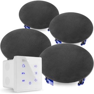 Power Dynamics Powerline A100W Set met witte inbouw versterker en 4 zwarte plafondspeakers