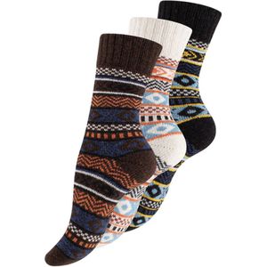 3 paar Noorse wollen sokken - Hygge - Gemixt - Marineblauw/Ecru/Bruin - Maat 35-38