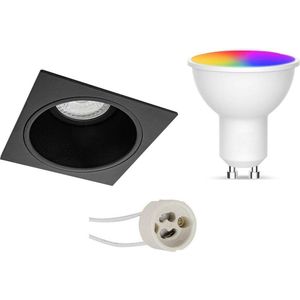 LED Spot Set GU10 - Facto - Smart LED - Wifi LED - Slimme LED - 5W - RGB+CCT - Aanpasbare Kleur - Dimbaar - Afstandsbediening - Pragmi Minko Pro - Inbouw Vierkant - Mat Zwart - Verdiept - 90mm