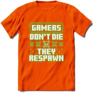 Gamers don't die pixel T-shirt | Neon Groen | Gaming kleding | Grappig game verjaardag cadeau shirt Heren – Dames – Unisex | - Oranje - 3XL