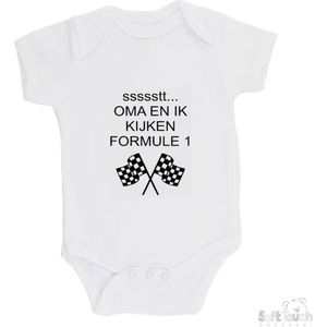 100% katoenen Romper ""ssssstt Oma en ik kijken Formule 1"" Unisex Katoen Wit/zwart Maat 68/74