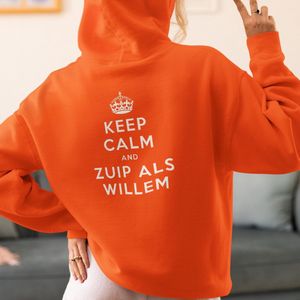 Oranje Koningsdag Hoodie Keep Calm And Zuip Als Willem Back - MAAT XS - Oranje Feestkleding