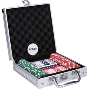 Pokerset in Aluminium Koffer - 100 Chips/ Speelkaarten/ 5 Dobbelstenen/ Dealer Chip
