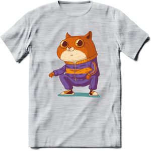 Casual kat T-Shirt Grappig | Dieren katten Kleding Kado Heren / Dames | Animal Skateboard Cadeau shirt - Licht Grijs - Gemaleerd - M