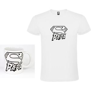 Wit T-Shirt met Bijpassende Koffiemok “Super Papa “ Afbeelding Zwart Size S
