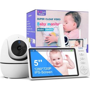 5 inch Babyfoon Camera 720p met Nachtnacht, VOX Communicatie, Tweeweg-Temperatuursensor en 8 Slaapliedjes - 3500mAh
