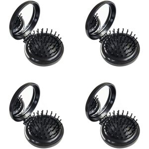 4-stuks opvouwbare haarborstel - Haarmassagekam - Mini kamspiegel - Met spiegel - Klein en draagbaar - Geschikt voor sportschool, reizen, zakenreis, school, kamperen, dames, meisjestas - Zwart