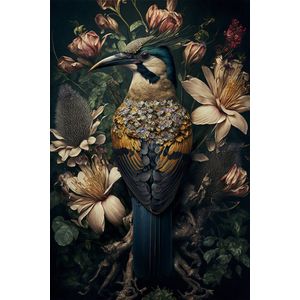 Kleurrijke vogel met bloemen - canvas - 75 x 100 cm