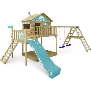 WICKEY speeltoestel klimtoestel Smart Ocean met schommel & pastelblauwe glijbaan, outdoor klimtoren voor kinderen met zandbak, ladder & speelaccessoires voor de tuin