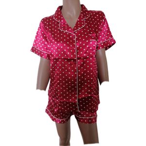 Dames - Shortama - Satijn - 2 Delig - Kleur Rood/Wit - Maat 38/40