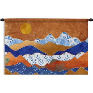 Wandkleed - Wanddoek - Delfts Blauw - Goud - Patronen - 120x80 cm - Wandtapijt