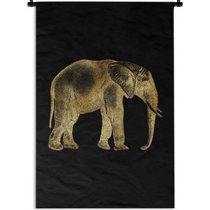 Wandkleed Vintage Afrikaanse dieren - Vintage afbeelding van een Afrikaanse olifant in het goud op een zwarte achtergrond Wandkleed katoen 60x90 cm - Wandtapijt met foto