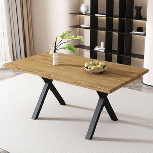 Sweiko Eettafel, ontwerp met gekruiste poten, rechthoekige eettafel, moderne, eenvoudige smeedijzeren eettafel, L140*B80*H76cm, eiken+zwart